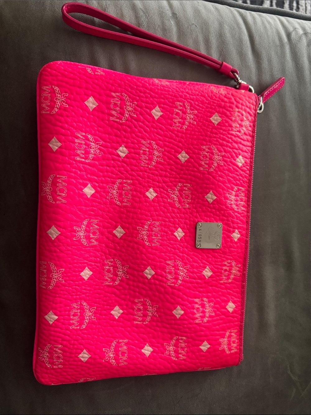 MCM Hot Pink Logo Zip Wristlet Clutch